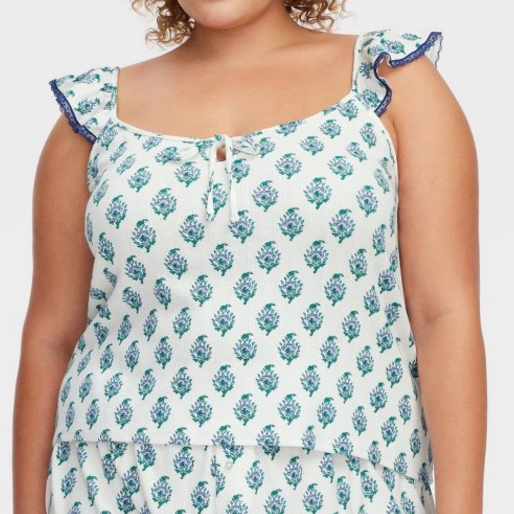 Roller Rabbit White Floral-Print Sleeveless Pajama Top in Teal & Blue